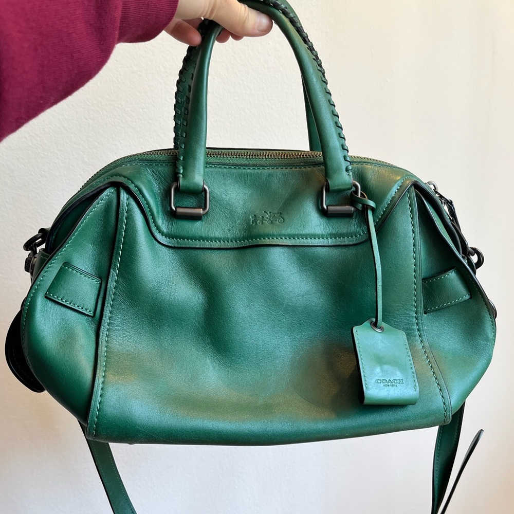 Green Authentic Leather Coach Satchel Handbag with Crossbody Strap